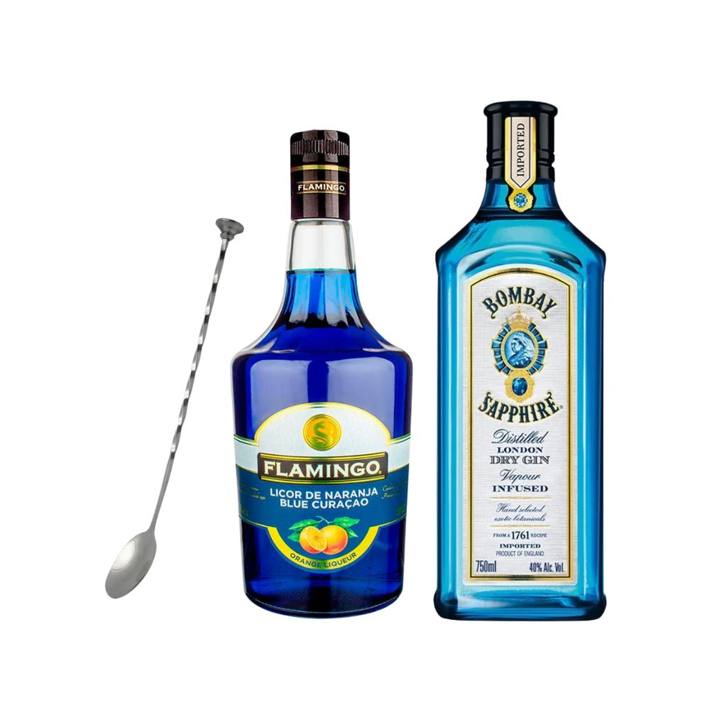 GINEBRA BOMBAY + LICOR BLUE CURACAO FLAMINGO 1000 ml +  CUCHARA MIXOLOGÍA