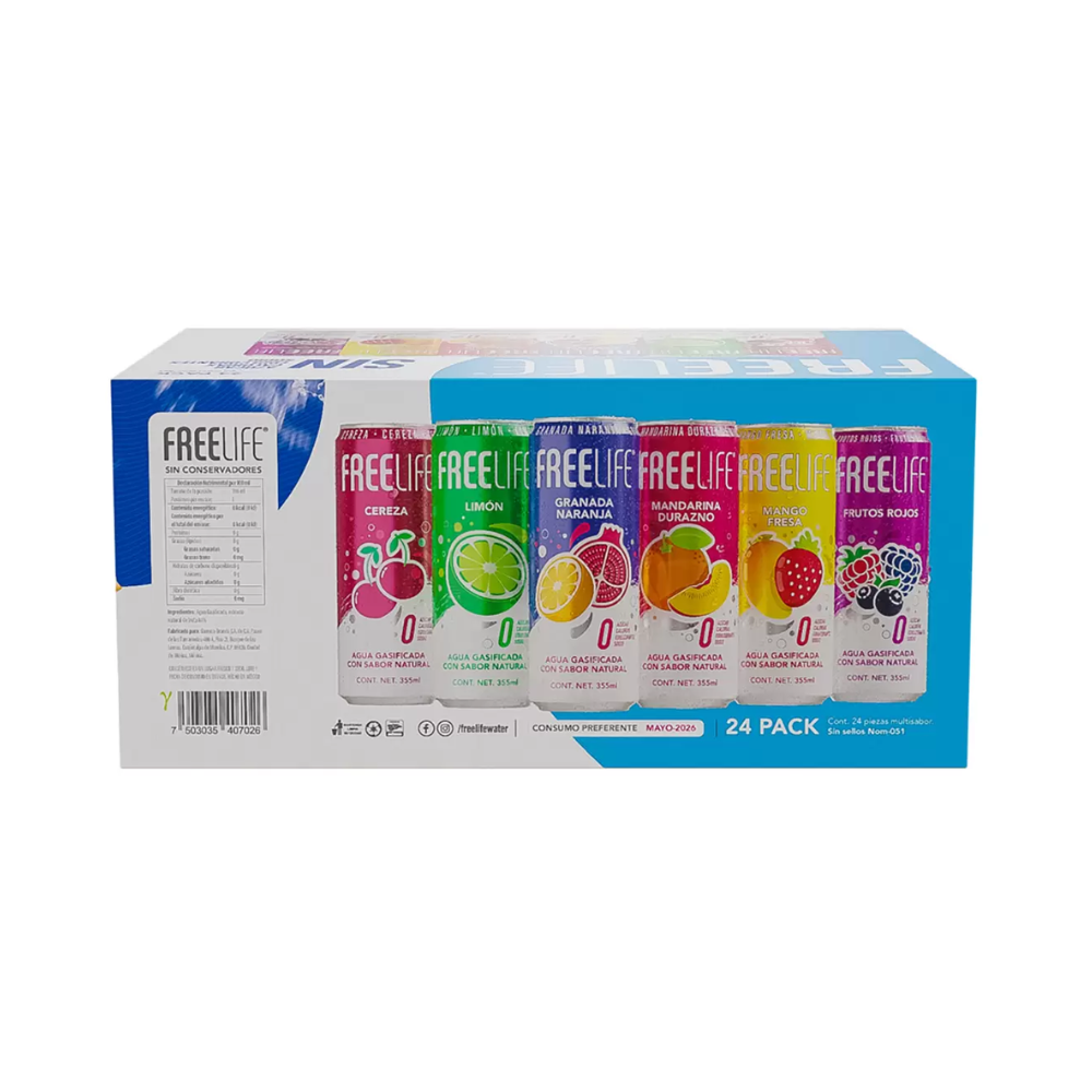 AGUA GASIFICADA CON SABOR FREELIFE 24 PZAS 355 ML