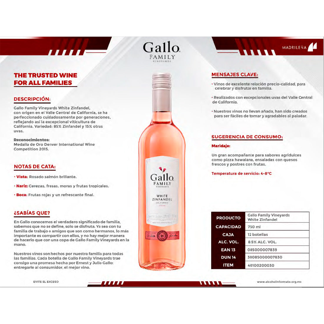 VINO ROSADO GALLO FAMILY VINEYARDS WHITE ZINFANDEL 750 ml