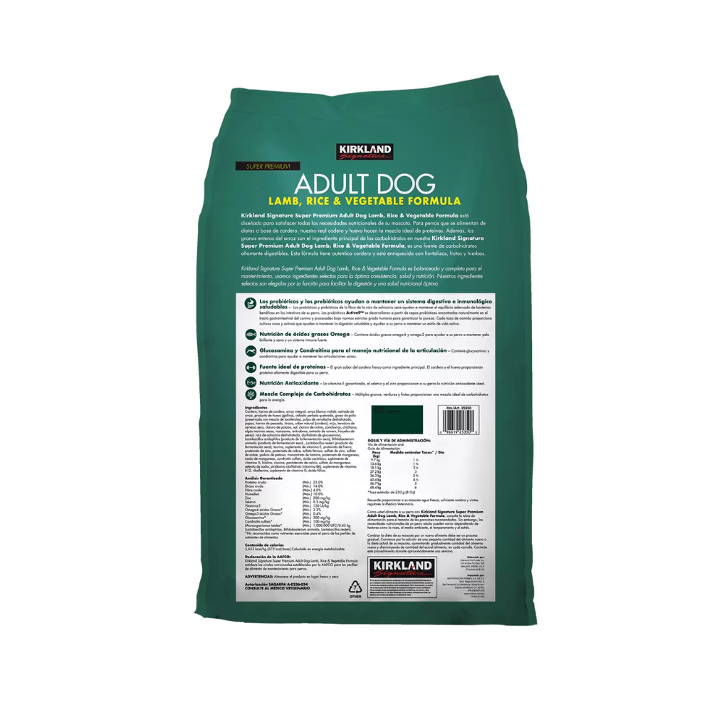 ALIMENTO PARA PERRO KIRKLAND SIGNATURE SABOR CORDERO, ARROZ Y VEGETALES 18.1 KG