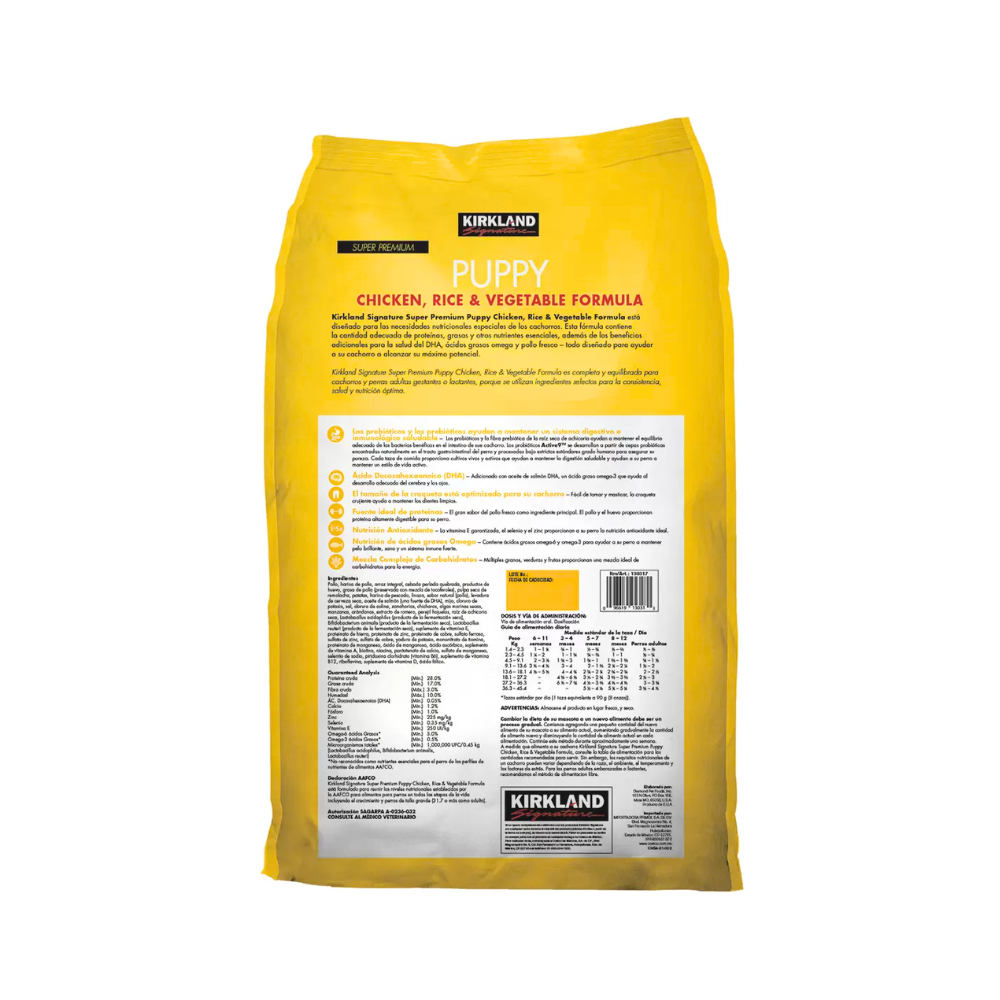 ALIMENTO PARA PERRO CACHORRO KIRKLAND SIGNATURE SABOR POLLO Y ARROZ 9.07 KG