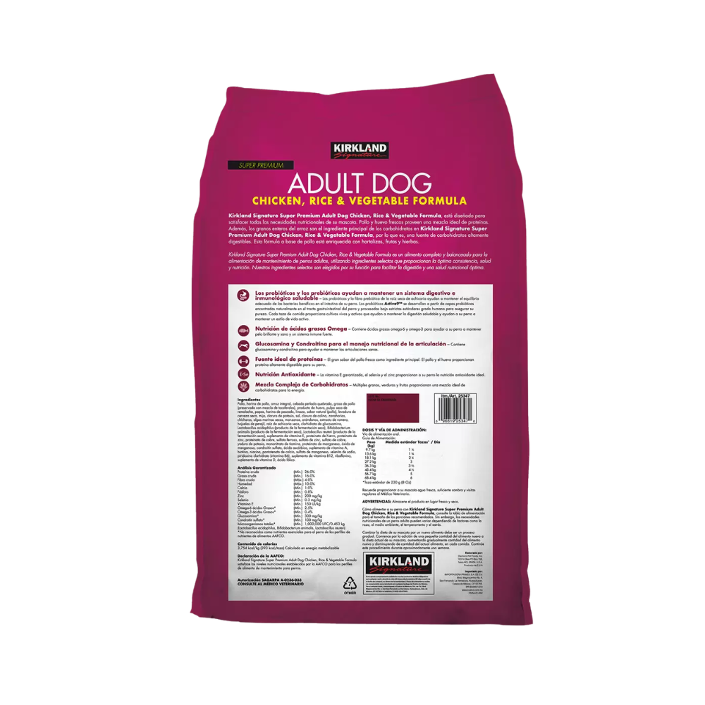ALIMENTO PARA PERRO ADULTO KIRKLAND SIGNATURE SABOR POLLO, ARROZ Y VEGETALES 18.1 KG