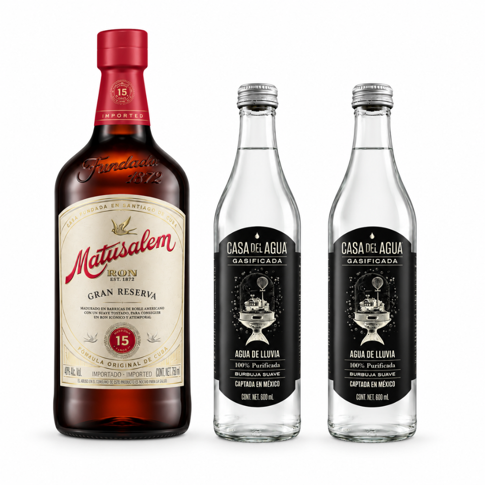 RON MATUSALEM GRAN RESERVA 15 AÑOS 750 ML + 2 AGUAS GASIFICADA CASA DEL AGUA 600ML