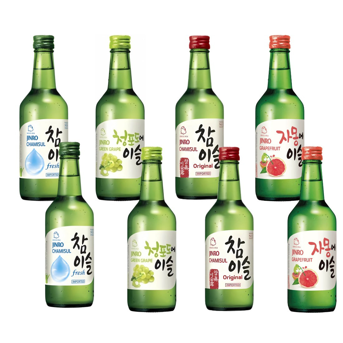 LICOR COREANO SOJU 8 BOTELLAS, JINRO, 4 SABORES (CHAMISUL FRESH, CLASSIC, TORONJA Y UVA VERDE)