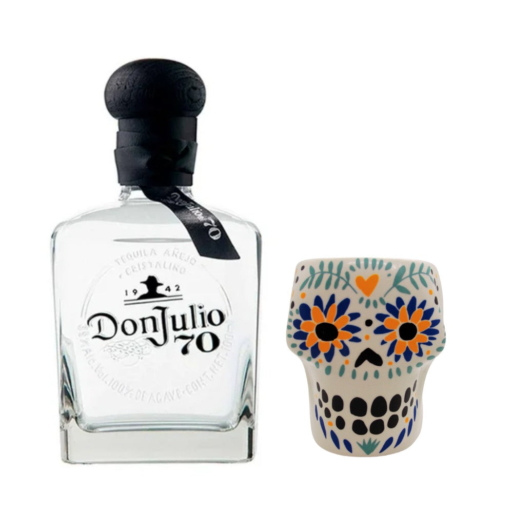 TEQUILA DON JULIO 70 CRISTALINO 700 ML + VASO CALAVERA BLANCO