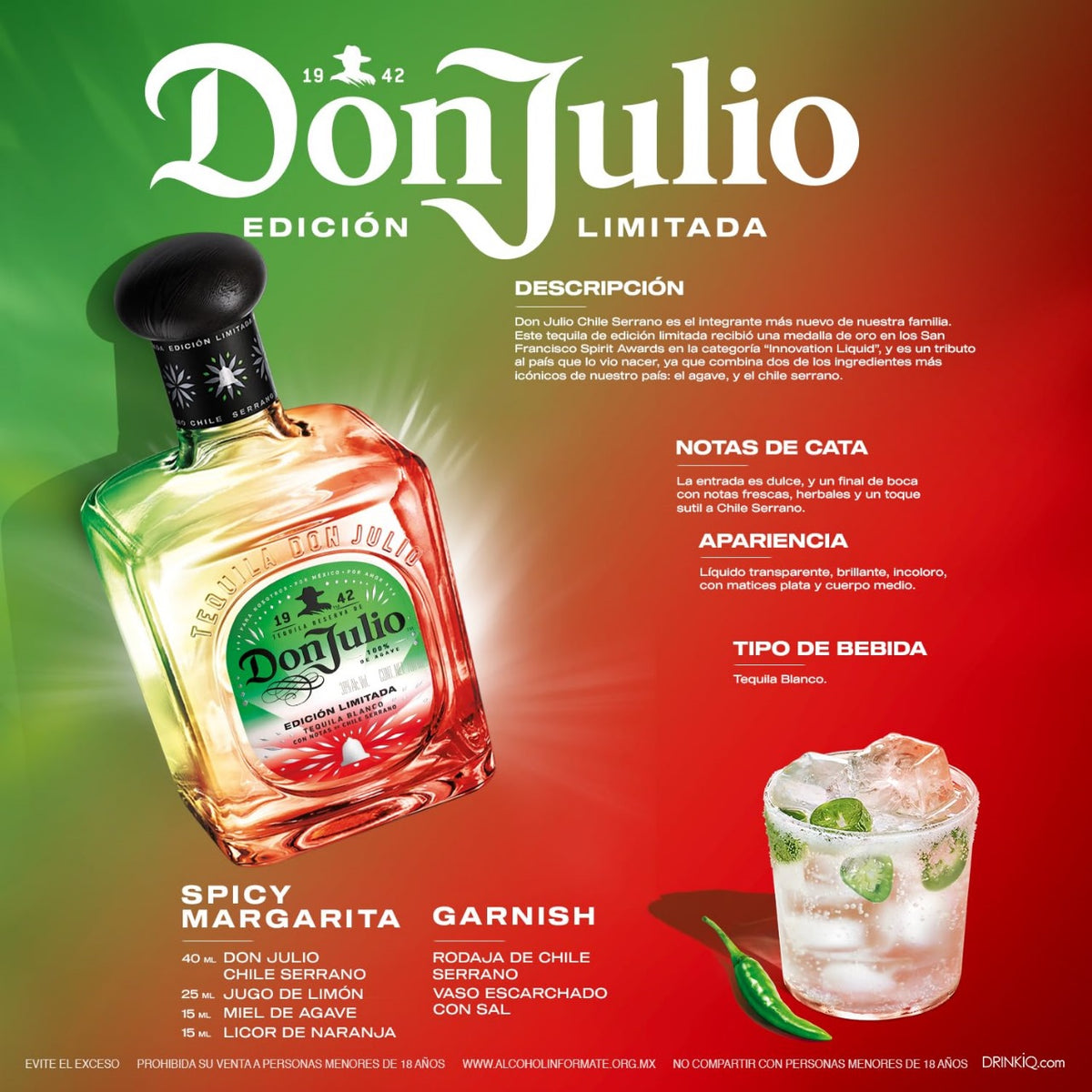 TEQUILA DON JULIO 70 CHILE SERRANO 700 ML