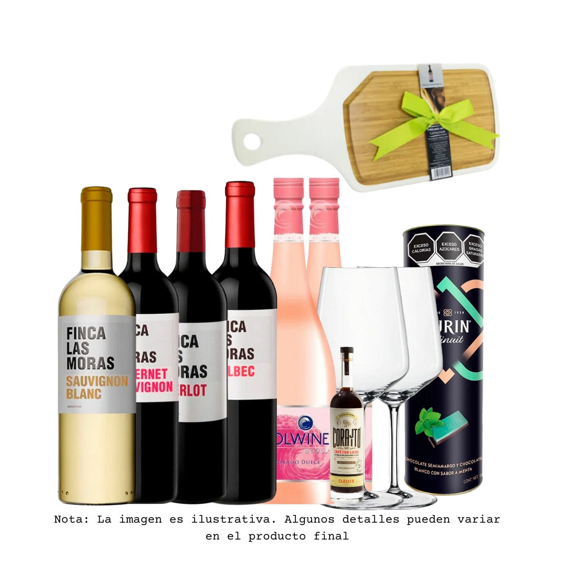 COMBO SEIS VINOS, TABLA PARA CORTAR Y COPAS