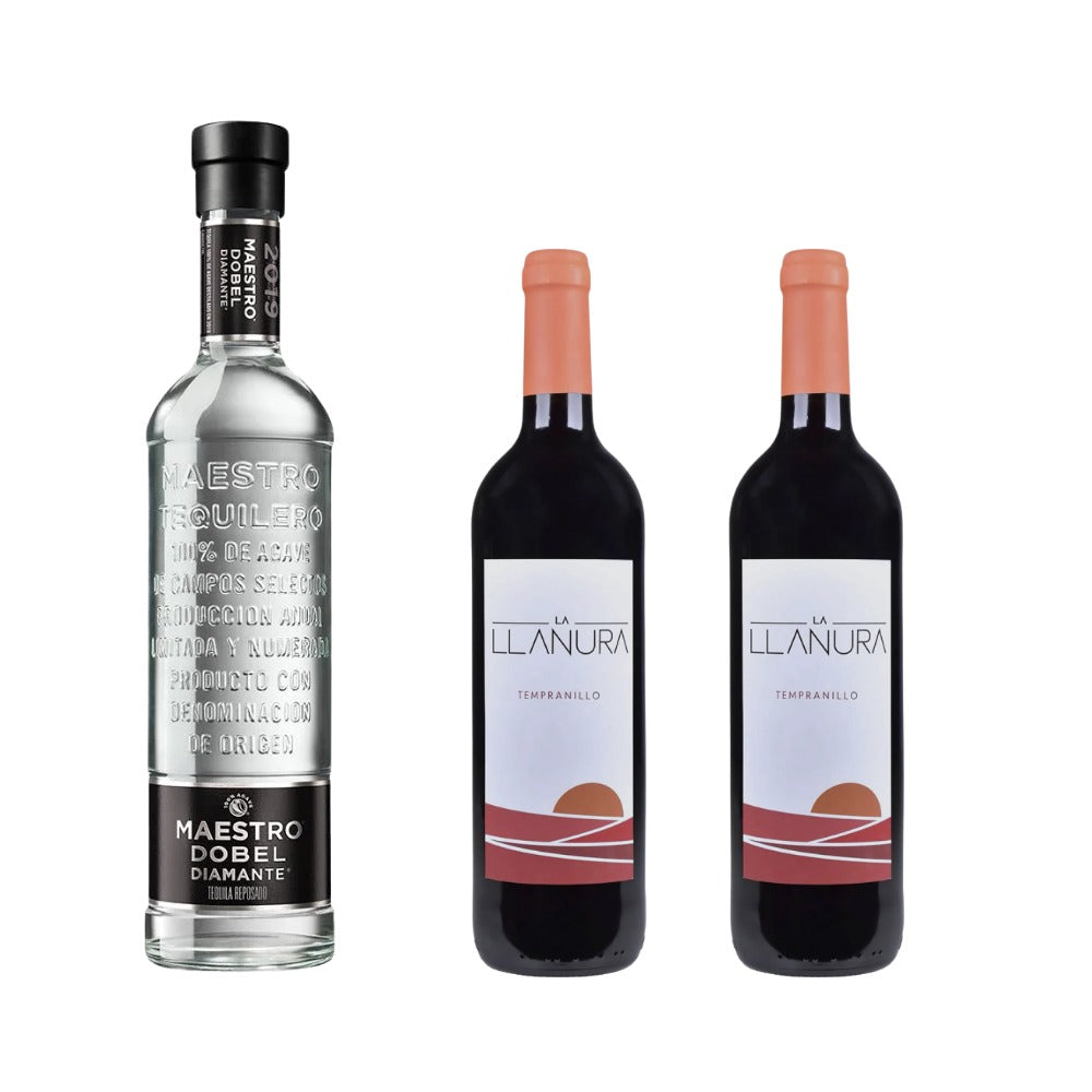 TEQUILA MAESTRO DOBEL DIAMANTE 700 ML + DOS VINOS TINTOS LA LLANURA 750 ML