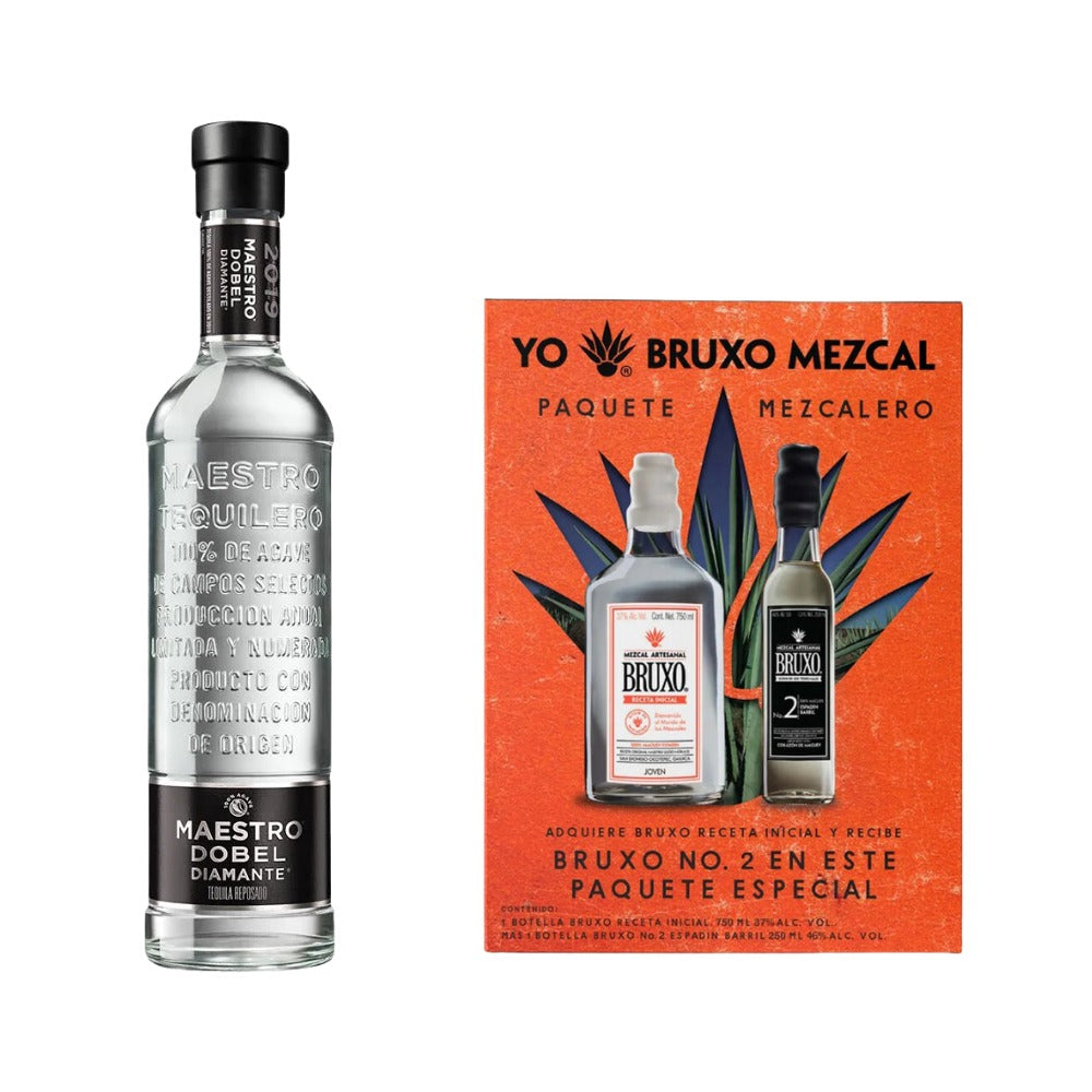 TEQUILA MAESTRO DOBEL DIAMANTE 700 ML + MEZCAL BRUXO RECETA INICIAL 750 ML + MEZCAL BRUXO NO. 2 PECHUGA 250 ML