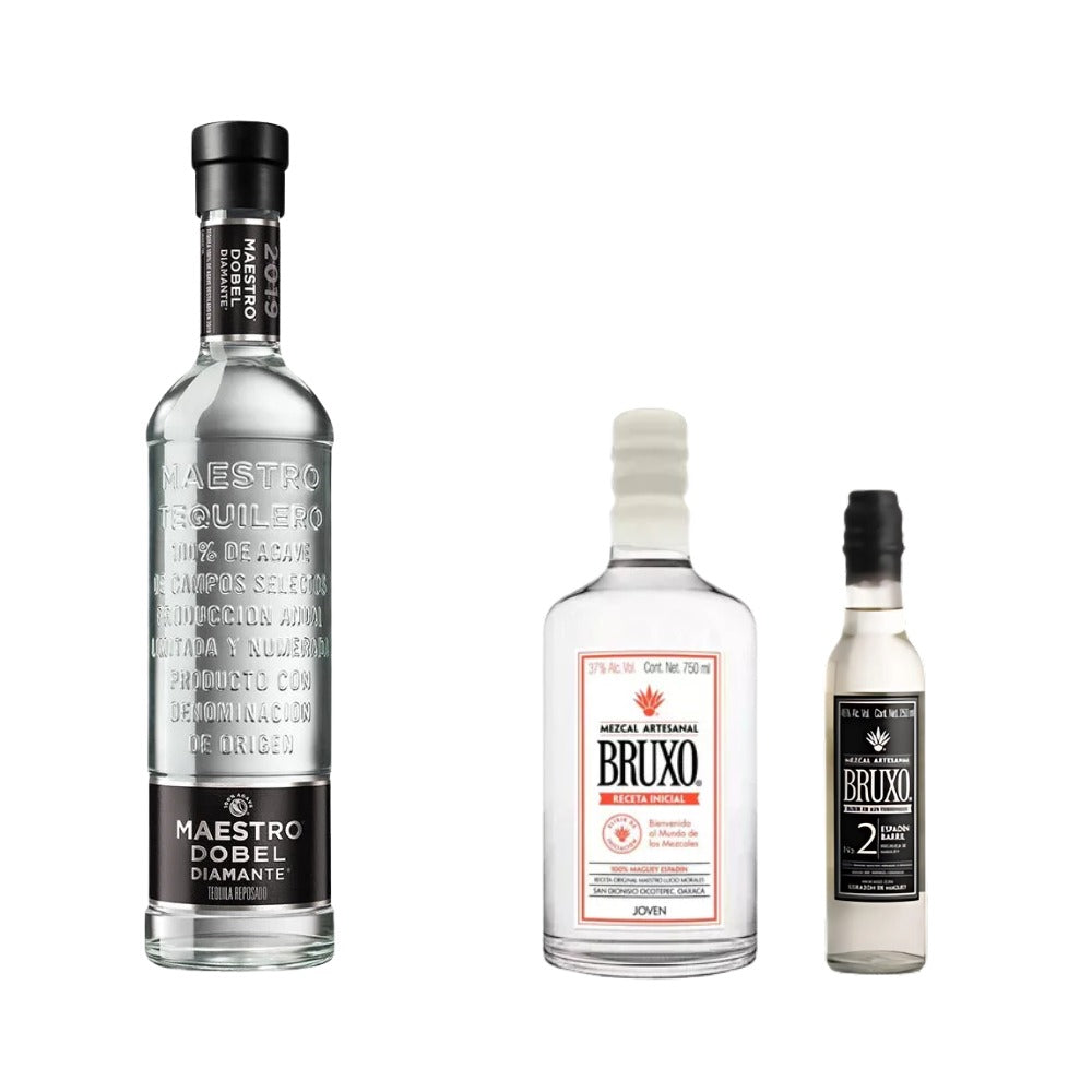 TEQUILA MAESTRO DOBEL DIAMANTE 700 ML + MEZCAL BRUXO RECETA INICIAL 750 ML + MEZCAL BRUXO NO. 2 PECHUGA 250 ML