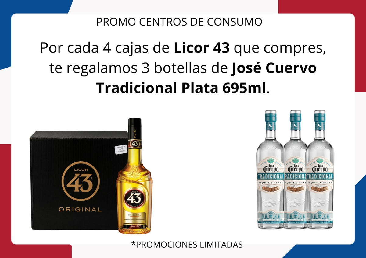 PROMOCIÓN: 4 CAJAS DE LICOR 43 700 ML + 3 BOTELLAS DE REGALO  DE TEQUILA JOSÉ CUERVO TRADICIONAL PLATA 695 ML
