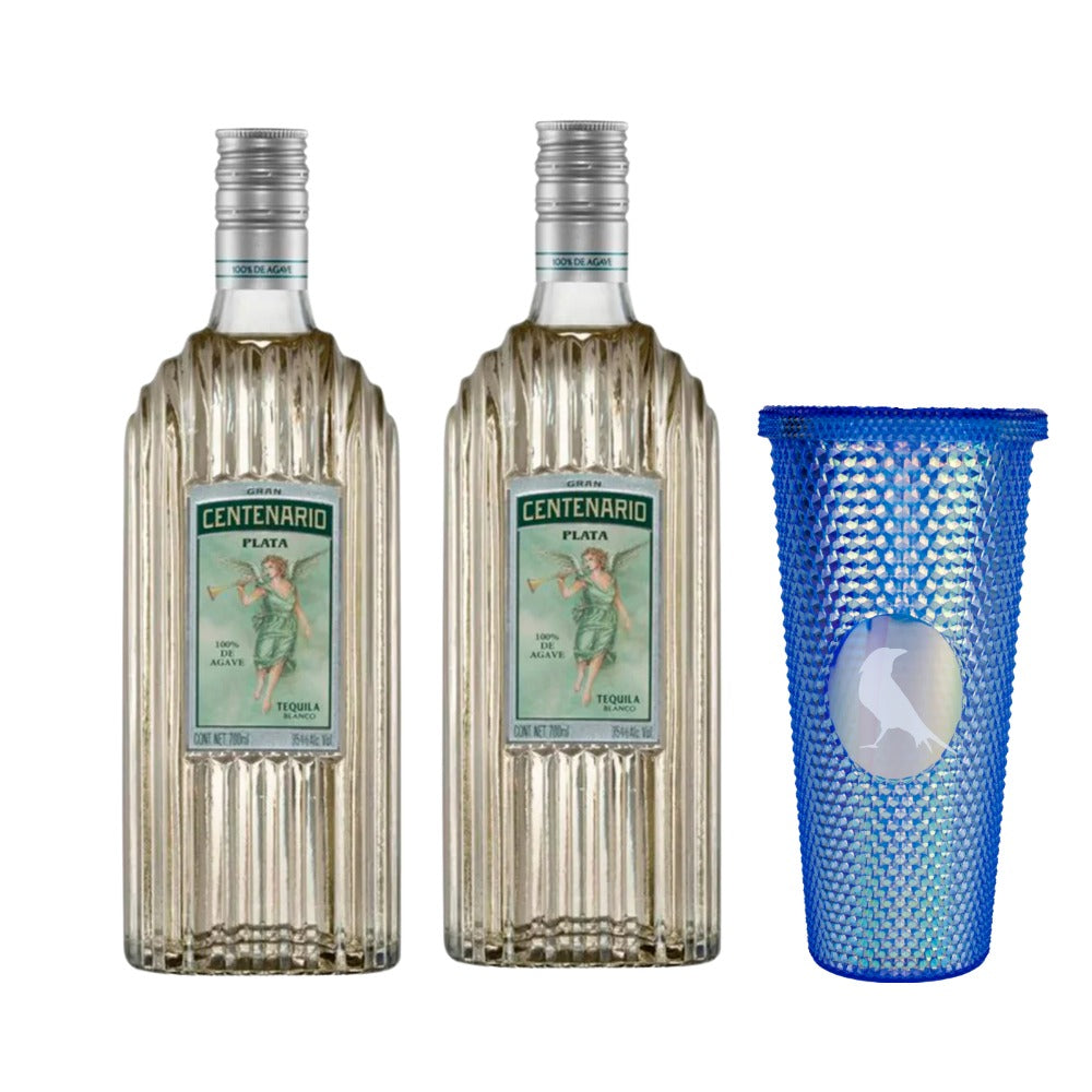 DOS TEQUILAS GRAN CENTENARIO PLATA 950 ml + VASO AZUL DE REGALO