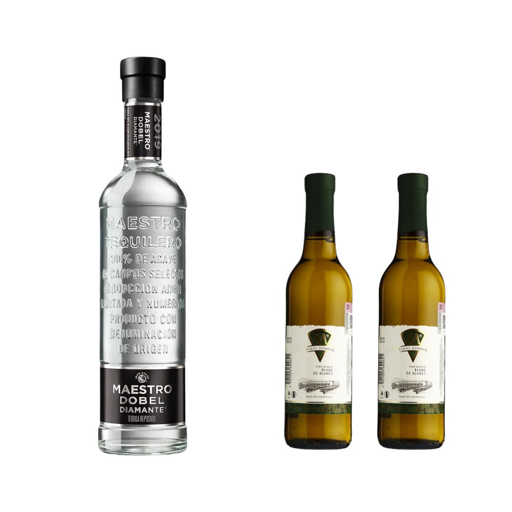 TEQUILA MAESTRO DOBEL 700 ML + DOS BOTELLAS DE VINO BLANCO XA BLANC DE BLANCS 375 ML