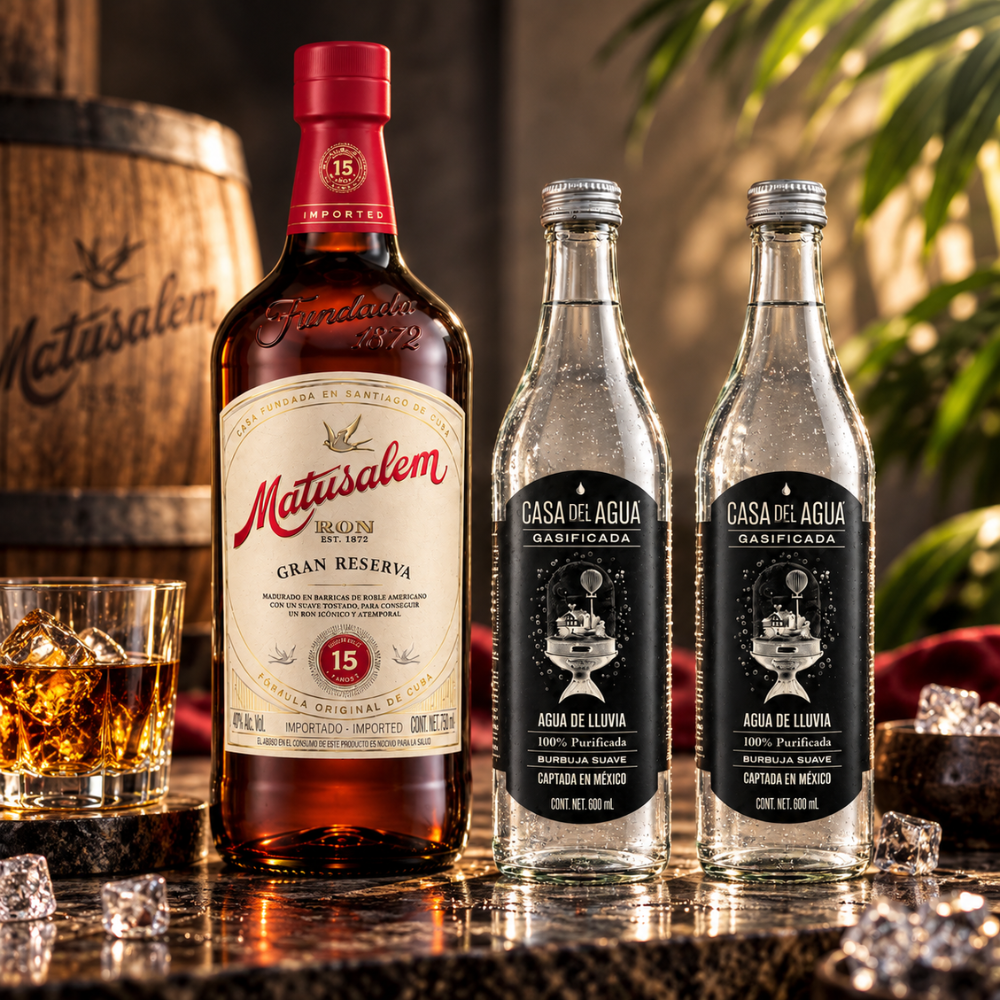 RON MATUSALEM GRAN RESERVA 15 AÑOS 750 ML + 2 AGUAS GASIFICADA CASA DEL AGUA 600ML